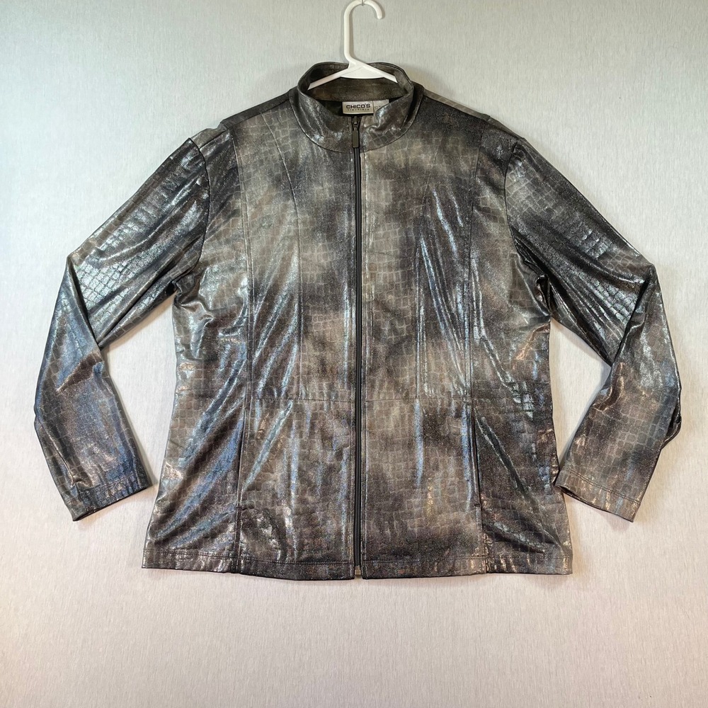 Chicos Travelers Jacket Women 2 Metallic Silver Grey Shiny Embossed Zip Front